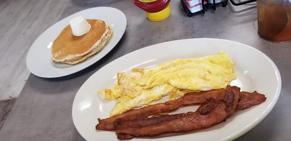 Scrambled Eggs Bacon and Pancakes